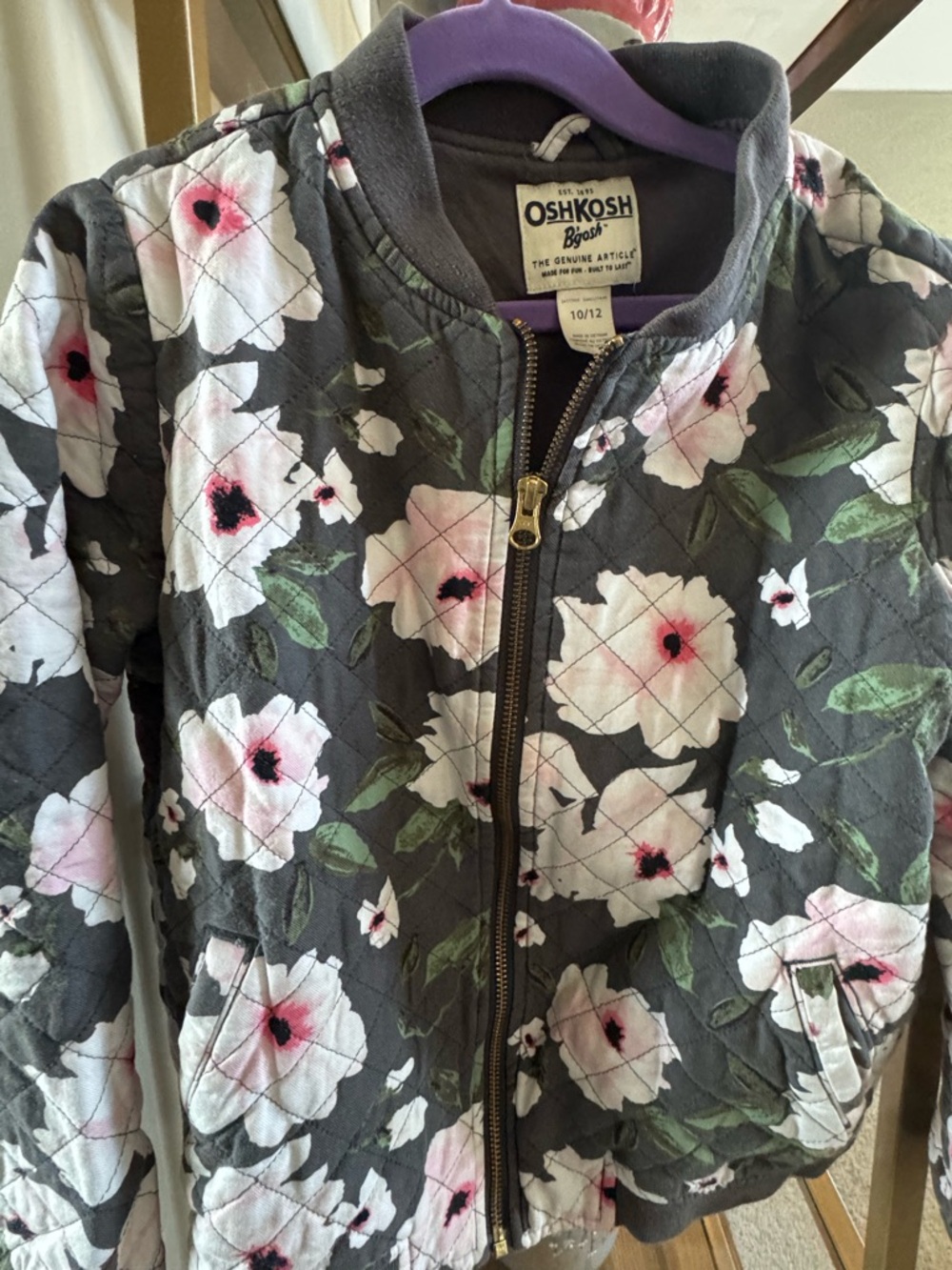 OshKosh B'gosh Quilted Floral Bomber Jacket - Gray with Pink